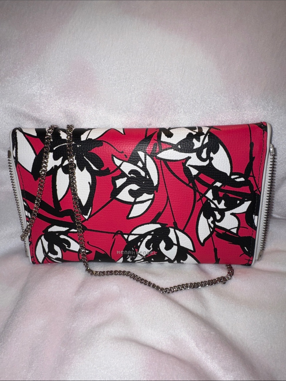 henri bendel Pink Floral Chain Clutch with Black & White Accents